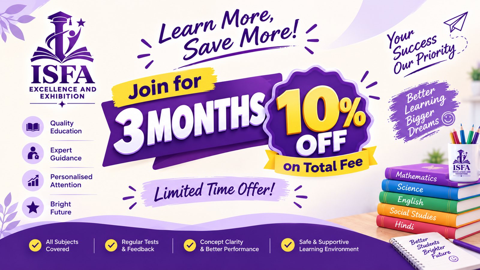 ISFA offer: join for 6 months and get 20 percent off on total fee, for all classes 1 to 8
